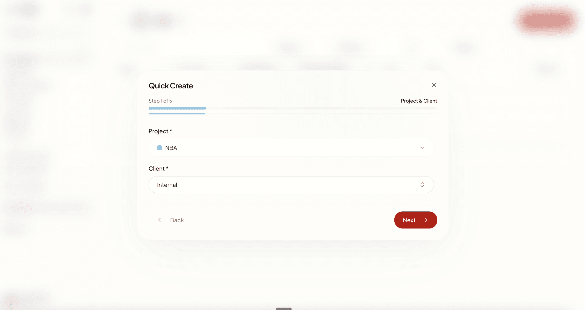 CARM Quick Create wizard prefilling a brief with project, client, and creative direction.