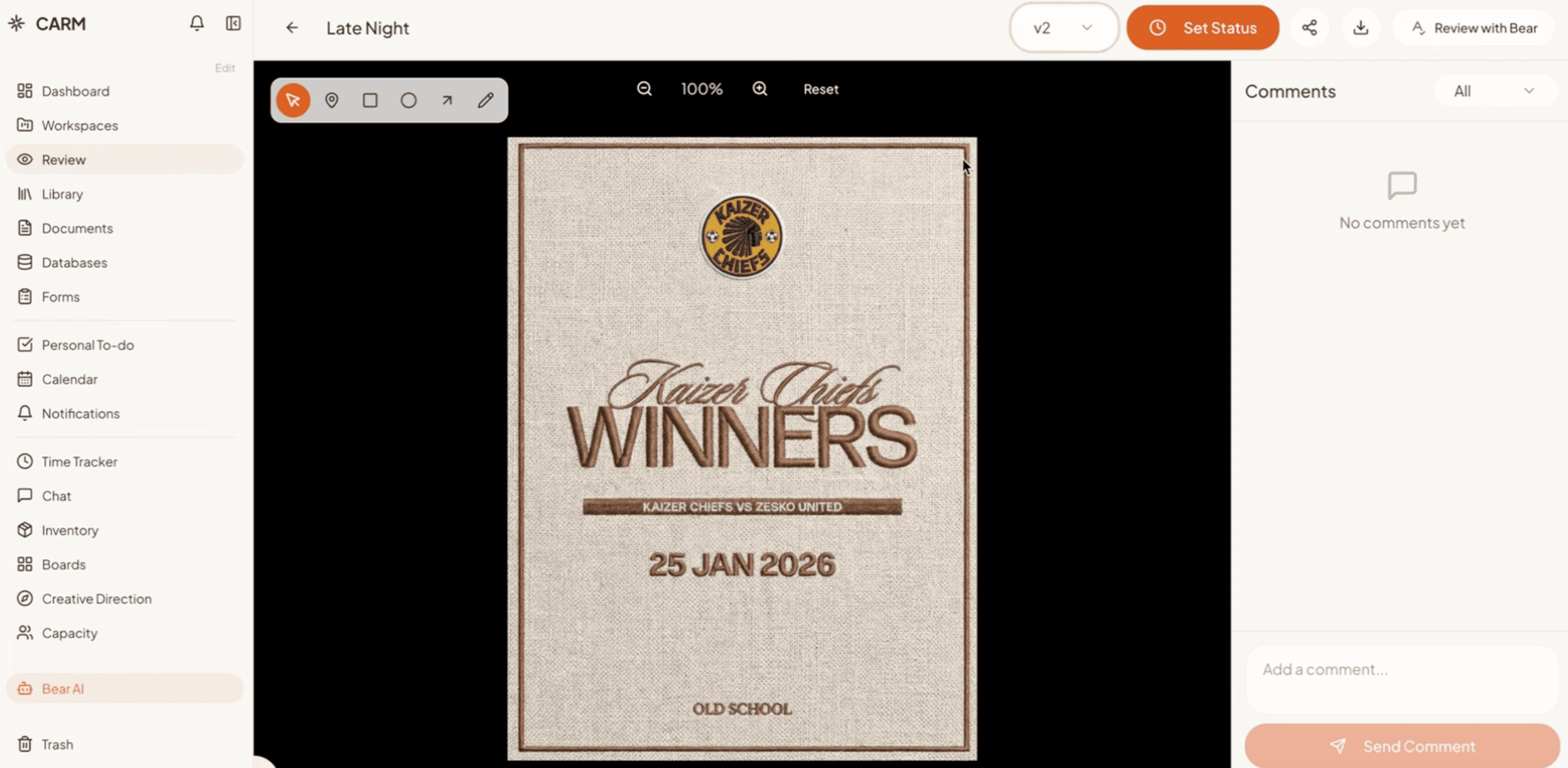 CARM review interface with version controls, comments, and annotation tools on a Kaizer Chiefs creative.