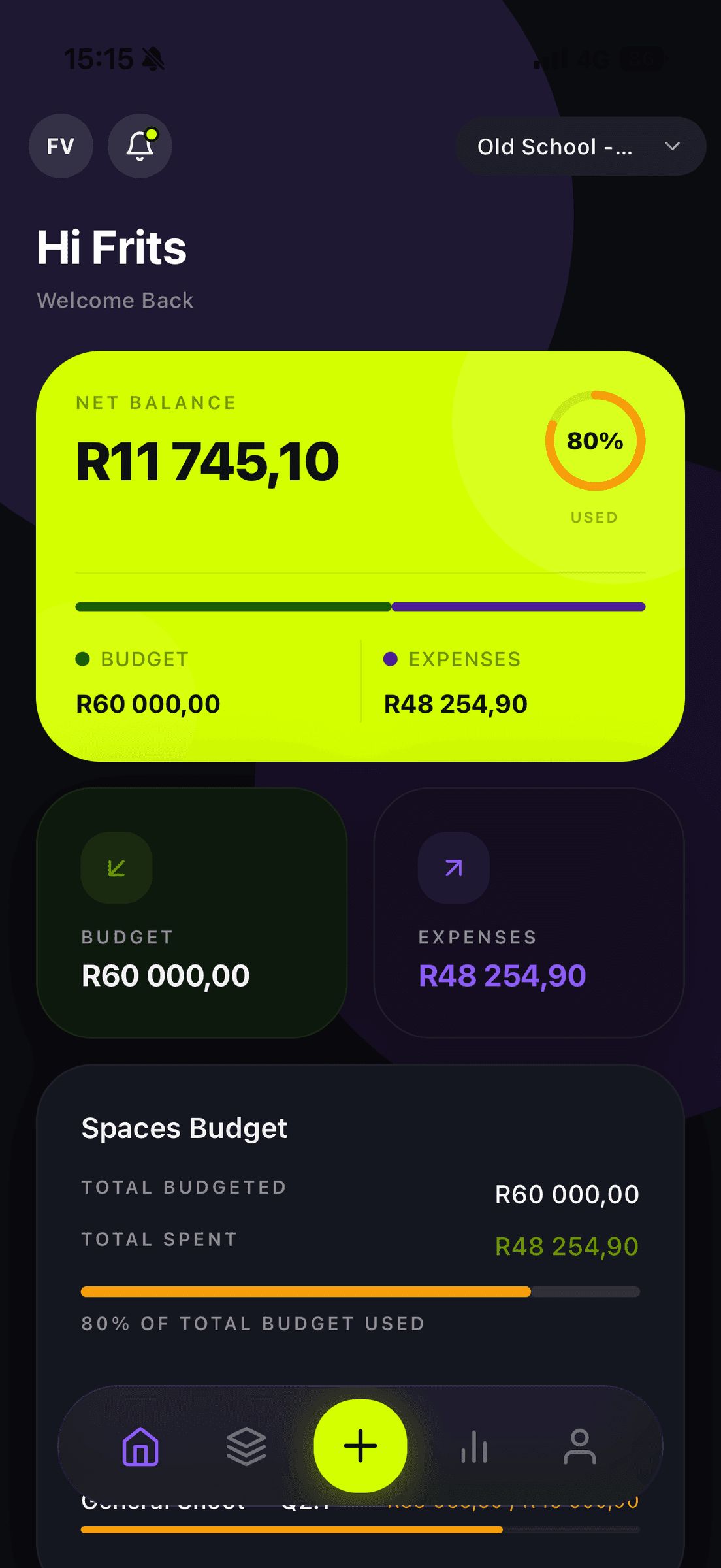 Sightline dashboard for Old School showing net balance, total budget, and expenses to date.