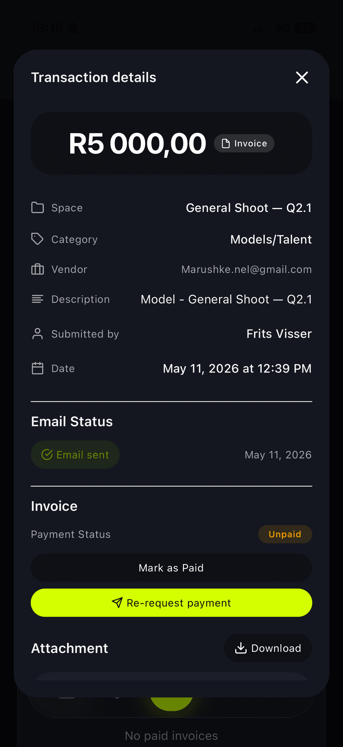 Sightline transaction details modal with vendor, invoice status, and a re-request payment action.
