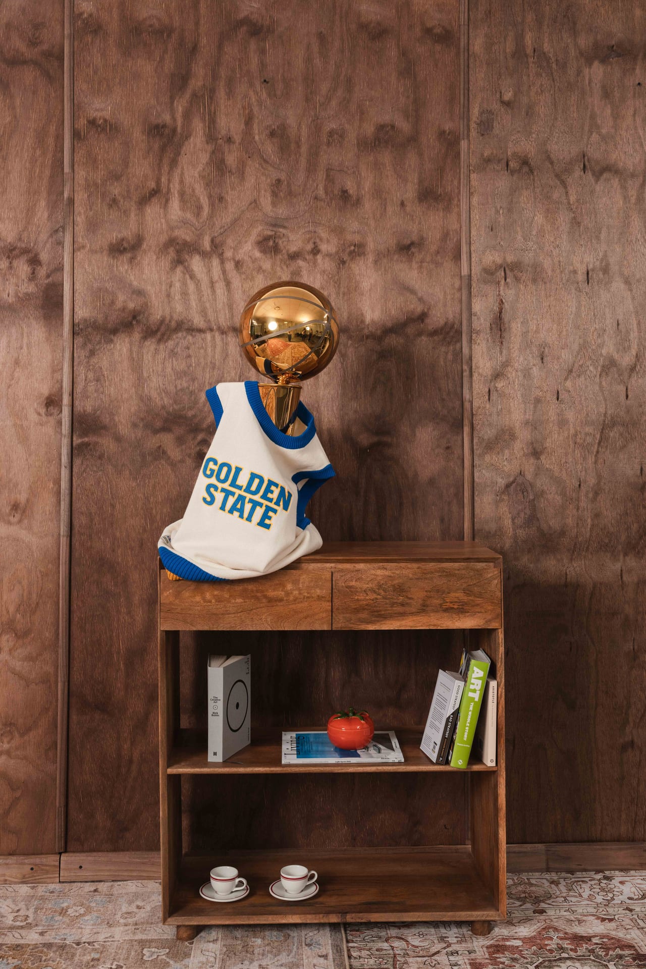 Golden State vest and trophy