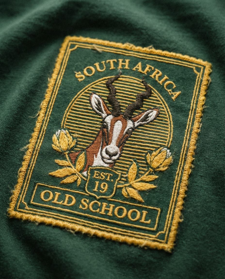 Final embroidered badge applied on green Springbok rugby fabric