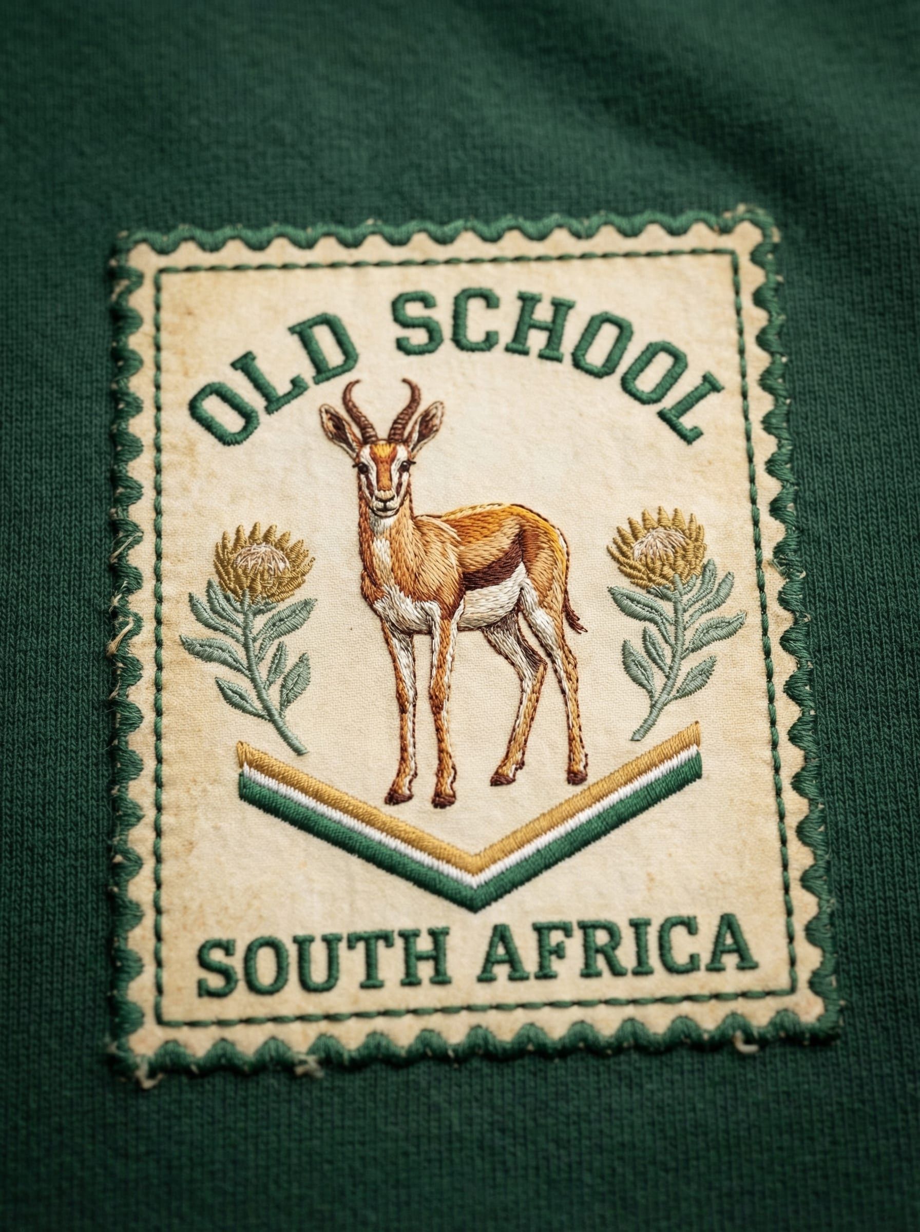 Badge WIP, stamp with full springbok and green proteas on vintage canvas