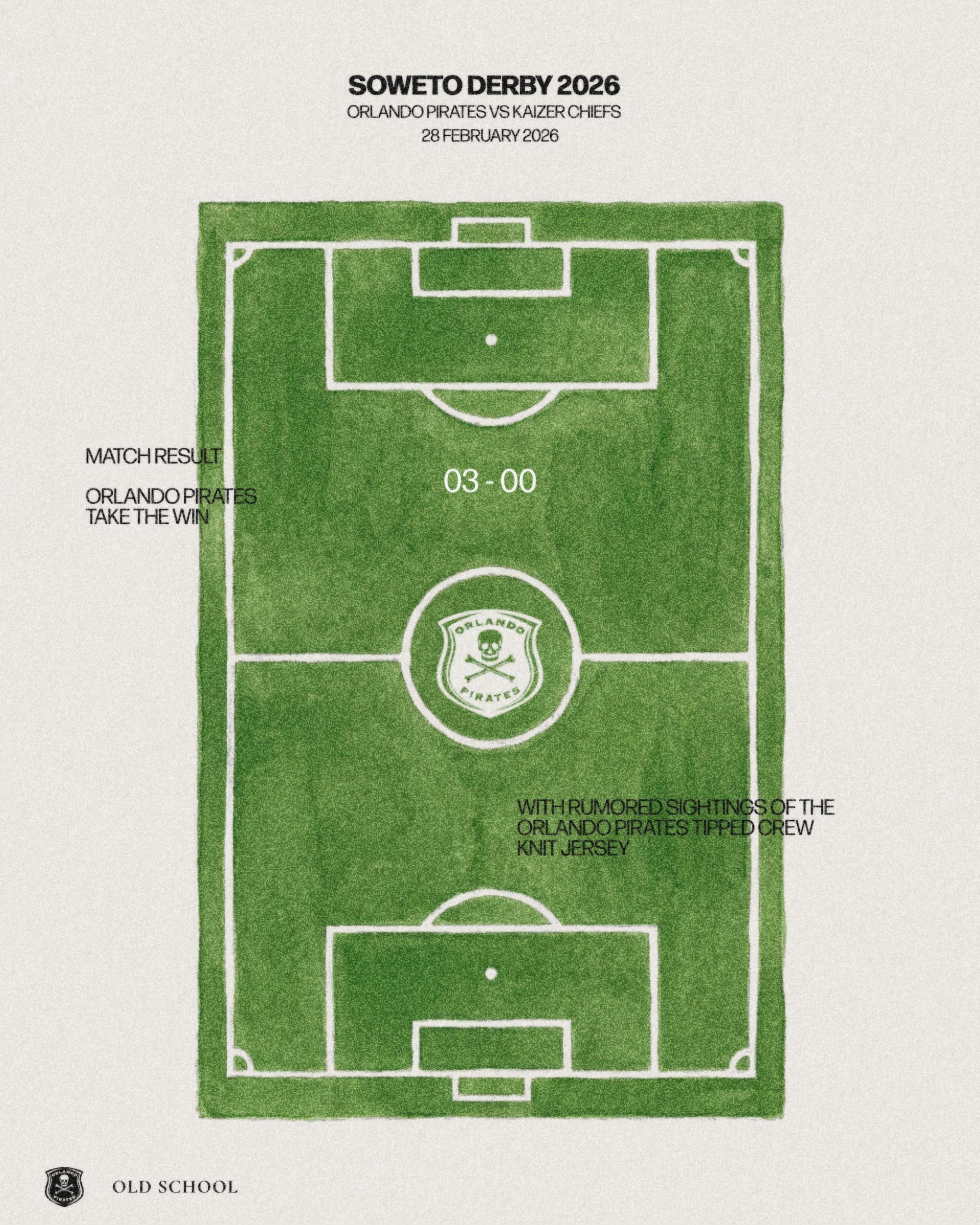Soweto Derby 2026, hand-painted pitch, three nil result with Tipped Crew Knit tease